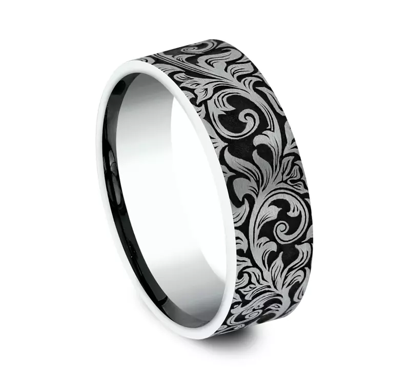 14K White Gold Nightfall Engraved Flat Comfort-Fit Band (8mm)