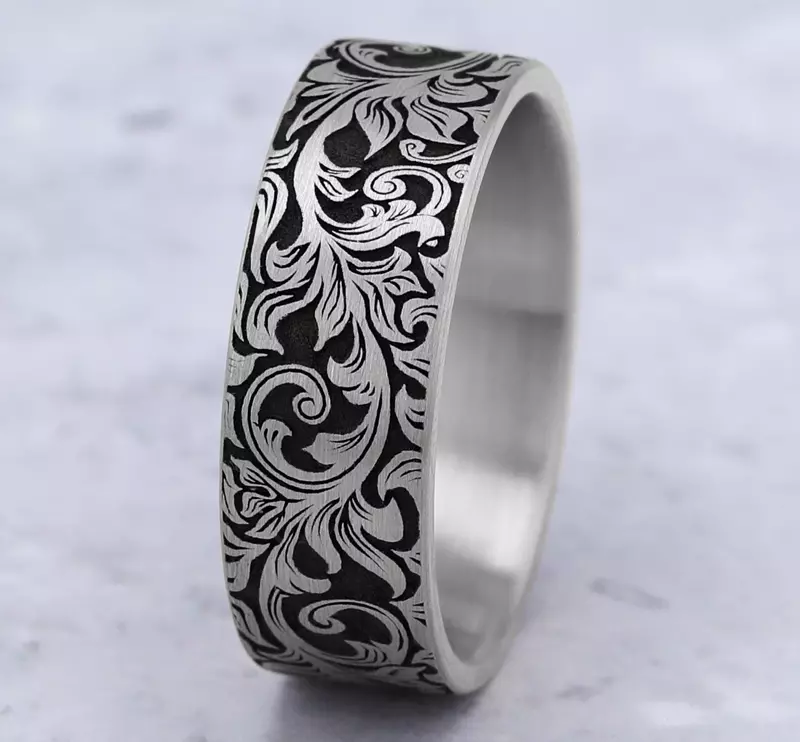 14K White Gold Nightfall Engraved Flat Comfort-Fit Band (8mm)