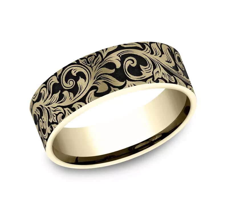 14K Yellow Gold Nightfall Engraved Flat Comfort-Fit Band (8mm)