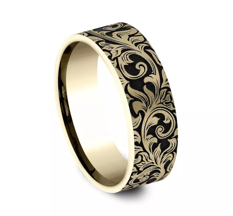 14K Yellow Gold Nightfall Engraved Flat Comfort-Fit Band (8mm)