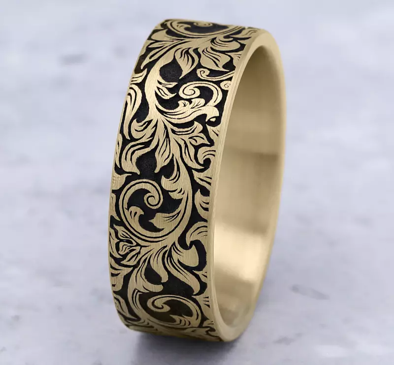 14K Yellow Gold Nightfall Engraved Flat Comfort-Fit Band (8mm)