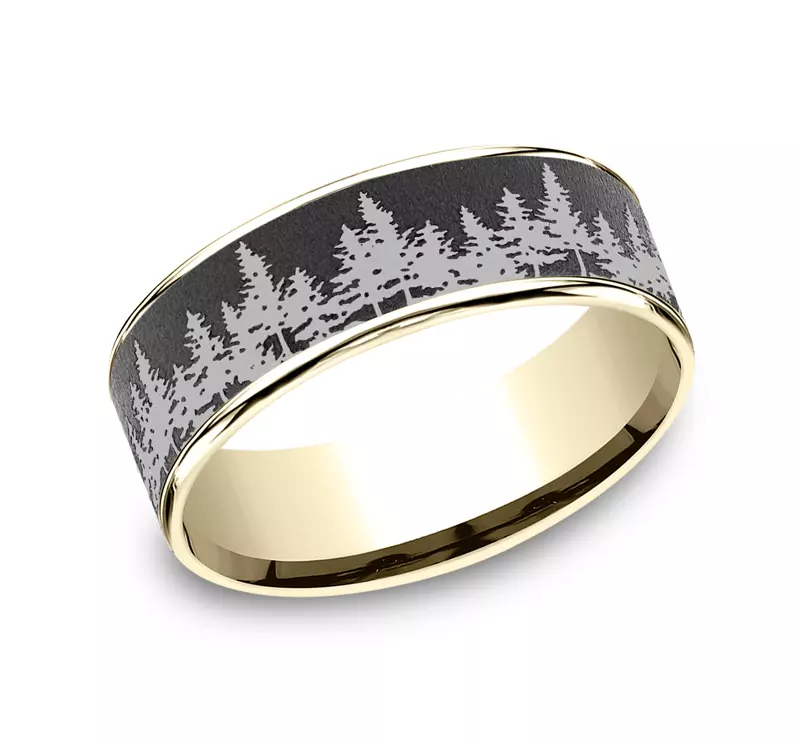 Yellow Gold 14k & Tantalum Timberline Engraved Comfort-Fit Band (7.5mm)
