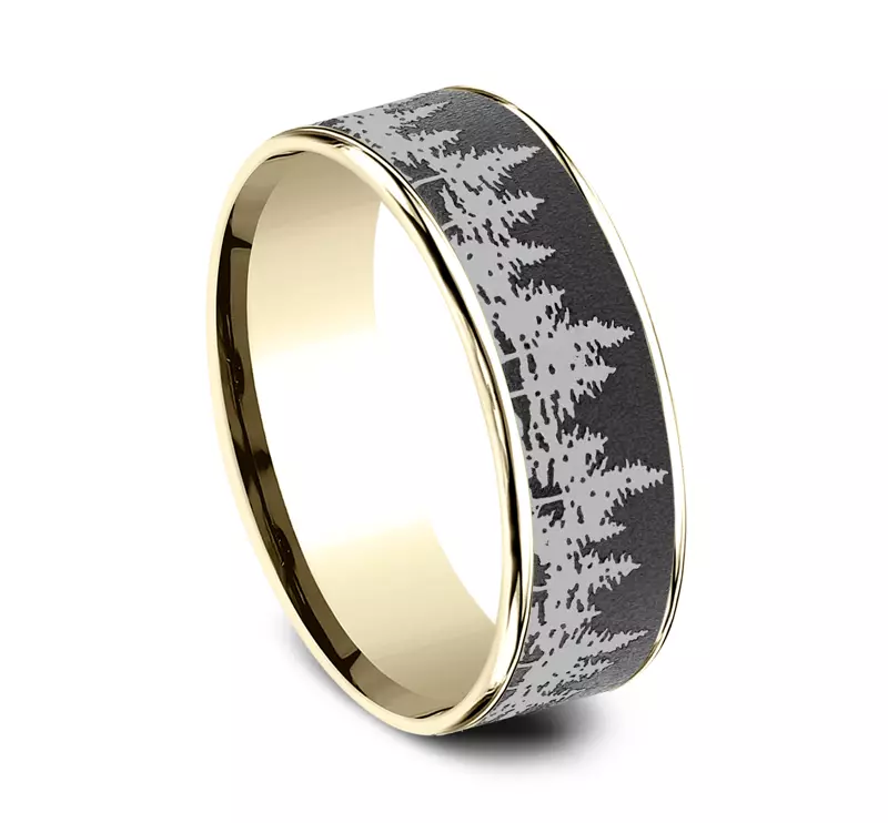 Yellow Gold 14k & Tantalum Timberline Engraved Comfort-Fit Band (7.5mm)