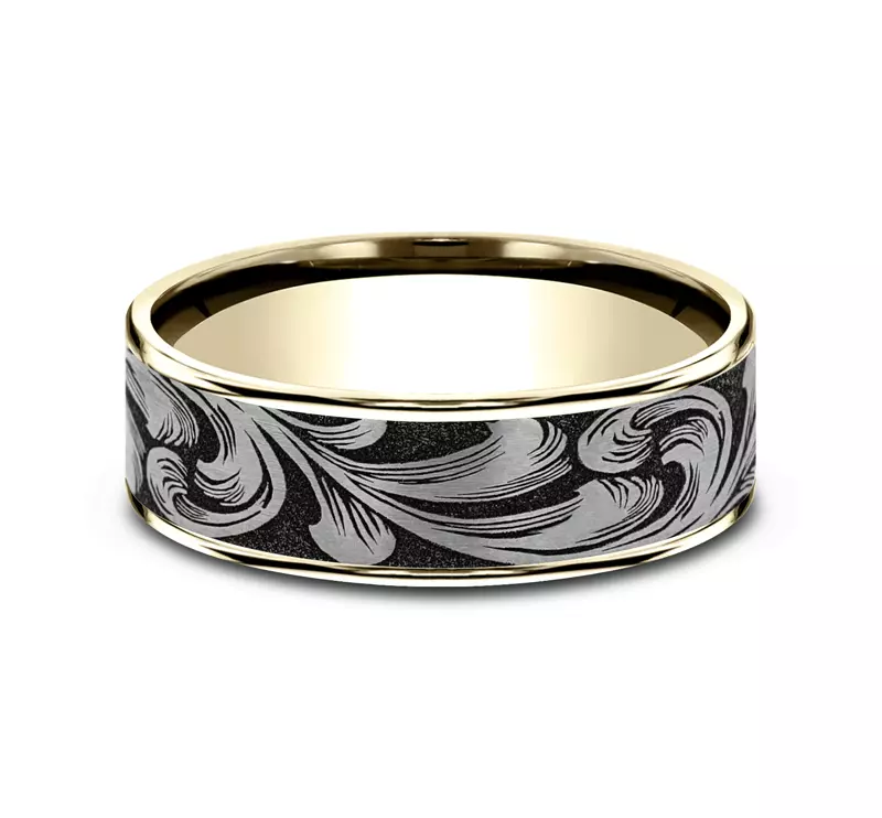 Yellow Gold 14k & Titanium Ironflow Engraved Comfort-Fit Band (6.5mm)