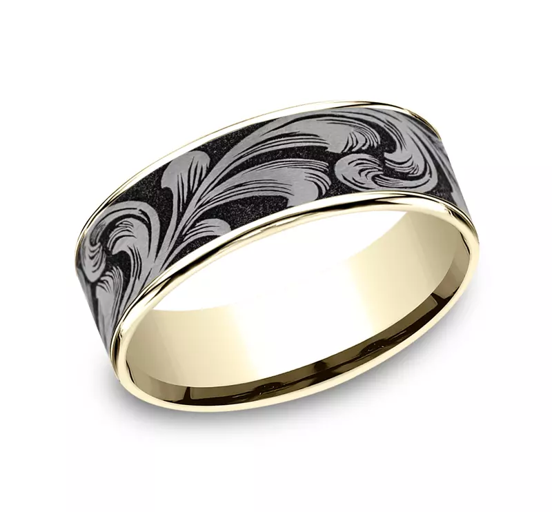 Yellow Gold 14k & Titanium Ironflow Engraved Comfort-Fit Band (6.5mm)