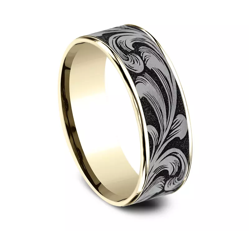 Yellow Gold 14k & Titanium Ironflow Engraved Comfort-Fit Band (6.5mm)