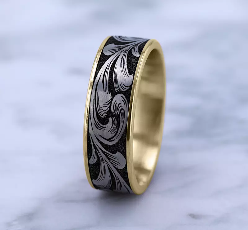 Yellow Gold 14k & Titanium Ironflow Engraved Comfort-Fit Band (6.5mm)