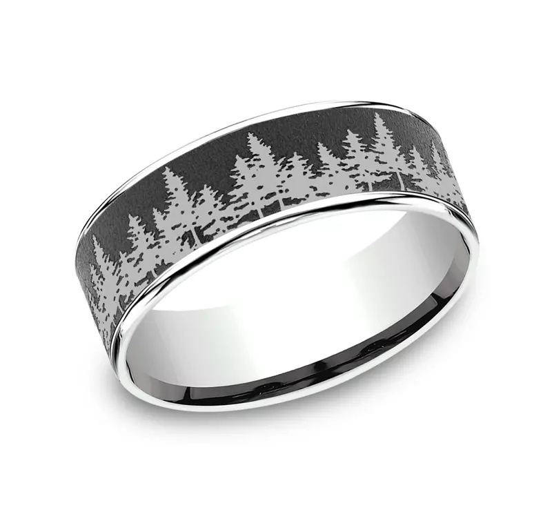 White Gold 14k & Tantalum Timberline Engraved Comfort-Fit Band (7.5mm)