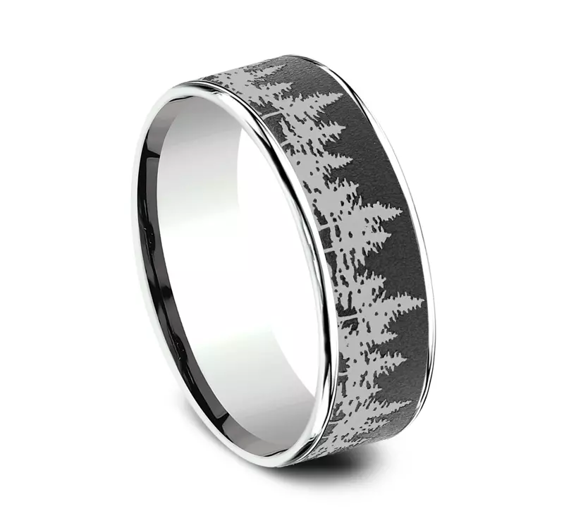 White Gold 14k & Tantalum Timberline Engraved Comfort-Fit Band (7.5mm)