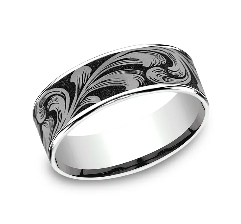 White Gold 14k & Titanium Ironflow Engraved Comfort-Fit Band (6.5mm)