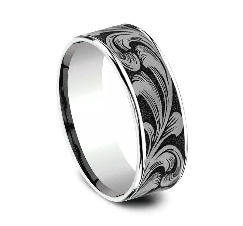 White Gold 14k & Titanium Ironflow Engraved Comfort-Fit Band (6.5mm)