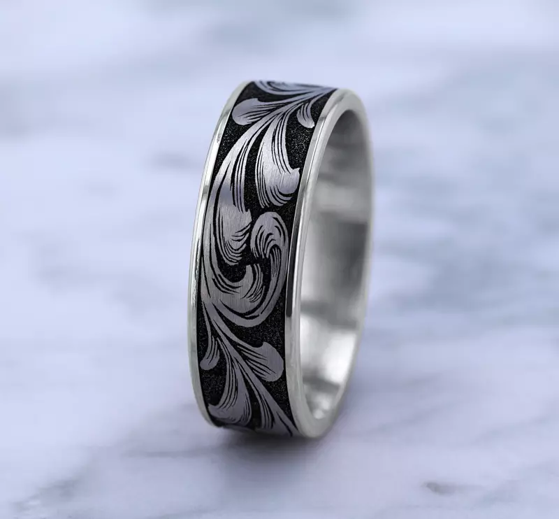 White Gold 14k & Titanium Ironflow Engraved Comfort-Fit Band (6.5mm)