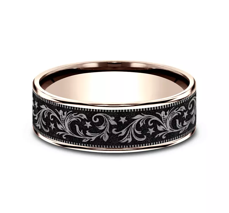 Rose Gold 14k & Titanium Midnight Star Engraved Comfort-Fit Band (7.5mm)