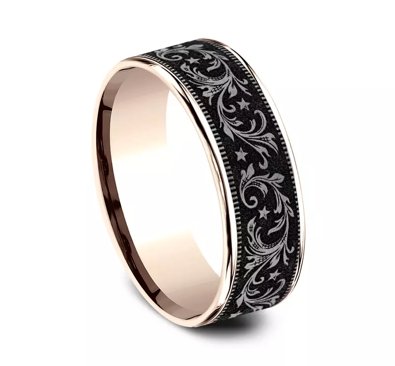 Rose Gold 14k & Titanium Midnight Star Engraved Comfort-Fit Band (7.5mm)