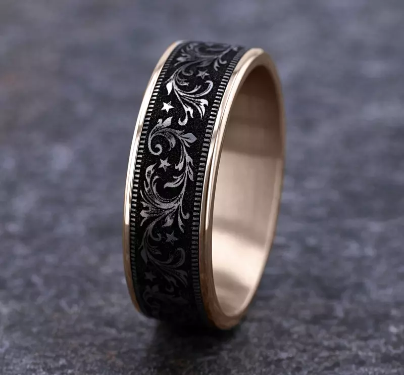 Rose Gold 14k & Titanium Midnight Star Engraved Comfort-Fit Band (7.5mm)