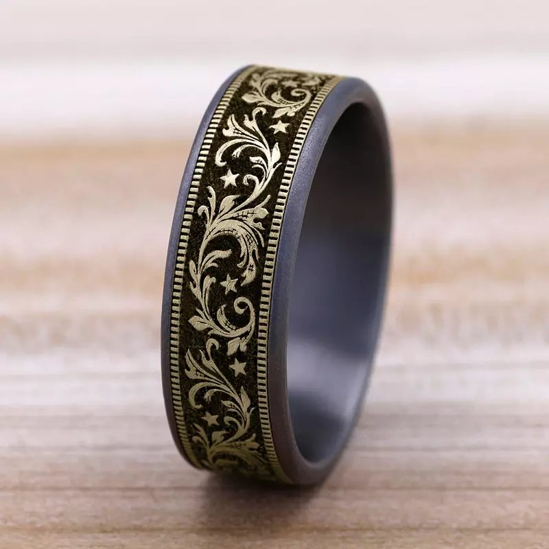 Yellow Gold 14k & Tantalum Noir Star Engraved Two-Tone Comfort-Fit Band (7.5mm)