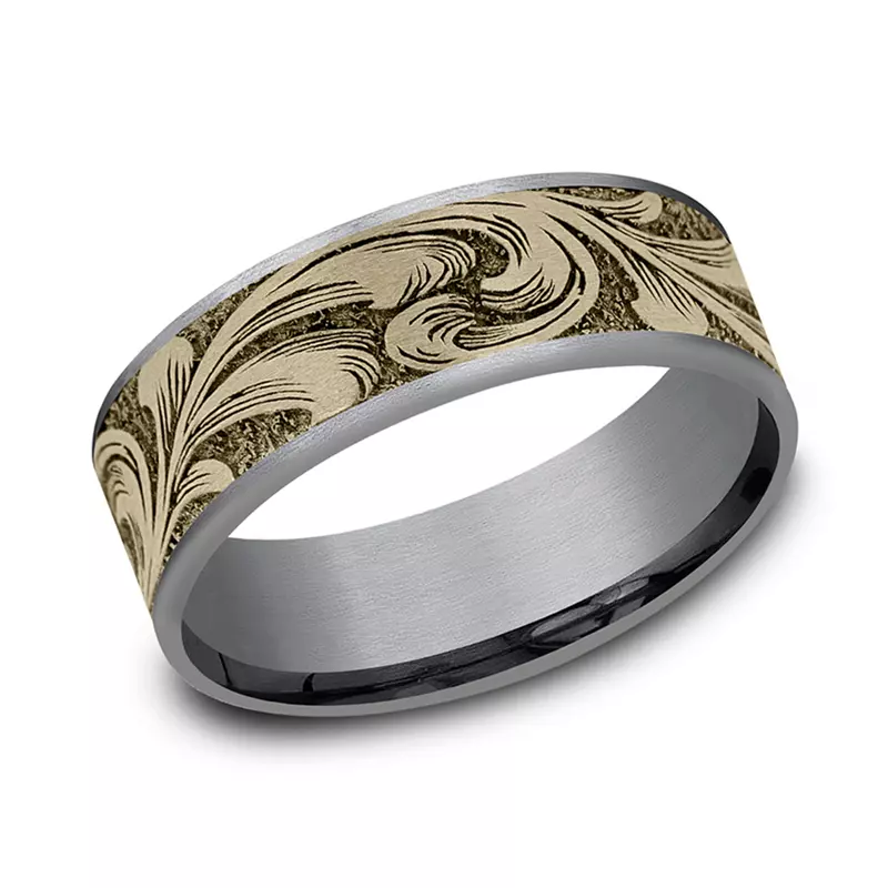 Yellow Gold 14k & Tantalum Scrollforge Engraved Two-Tone Comfort-Fit Band (7.5mm)