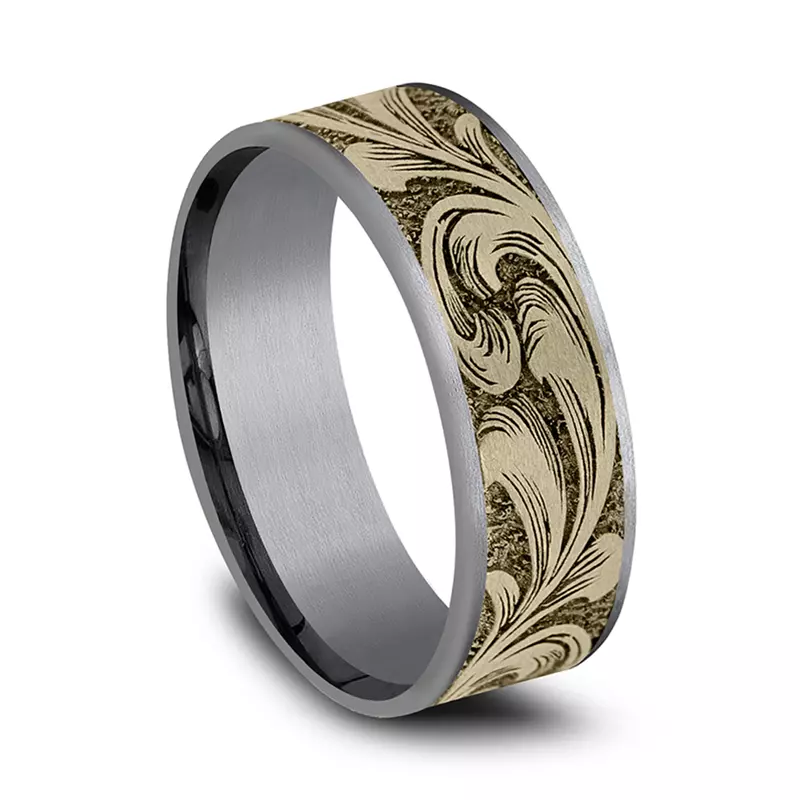 Yellow Gold 14k & Tantalum Scrollforge Engraved Two-Tone Comfort-Fit Band (7.5mm)