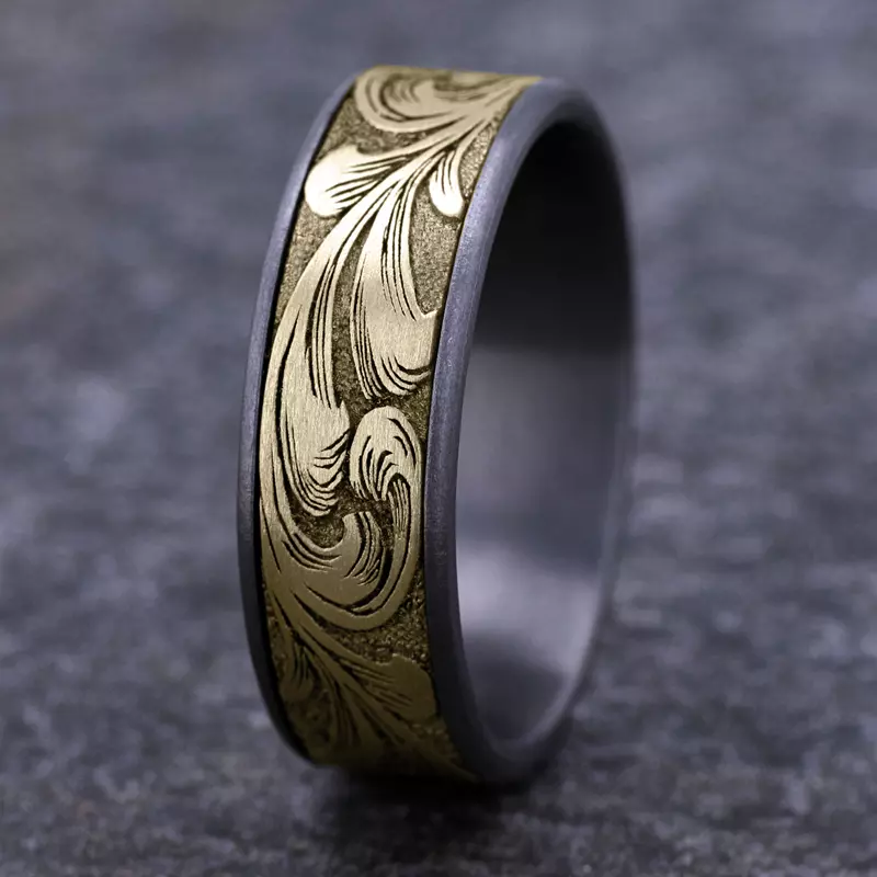 Yellow Gold 14k & Tantalum Scrollforge Engraved Two-Tone Comfort-Fit Band (7.5mm)