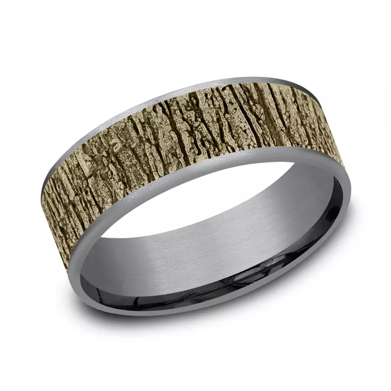 Yellow Gold 14k & Tantalum Ridgebark Two-Tone Comfort-Fit Band (7.5mm)