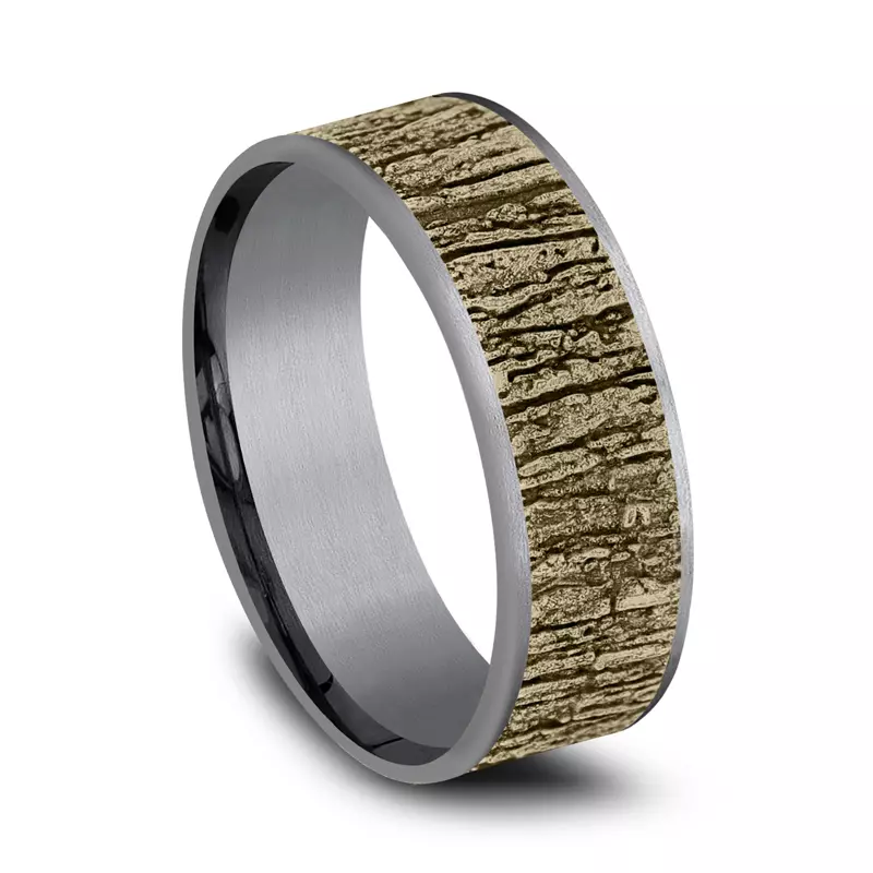 Yellow Gold 14k & Tantalum Ridgebark Two-Tone Comfort-Fit Band (7.5mm)