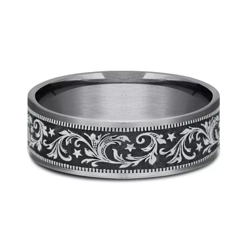 White Gold 14k & Tantalum Noir Star Engraved Two-Tone Comfort-Fit Band (7.5mm)