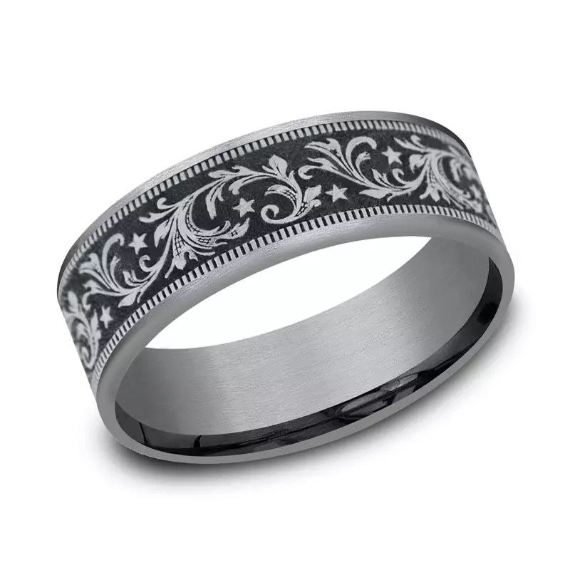 White Gold 14k & Tantalum Noir Star Engraved Two-Tone Comfort-Fit Band (7.5mm)