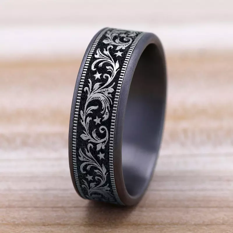 White Gold 14k & Tantalum Noir Star Engraved Two-Tone Comfort-Fit Band (7.5mm)