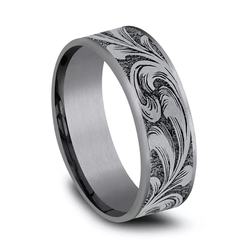 White Gold 14k & Tantalum Scrollforge Engraved Two-Tone Comfort-Fit Band (7.5mm)