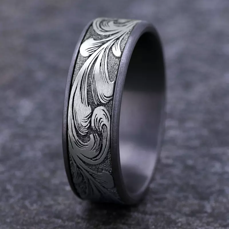 White Gold 14k & Tantalum Scrollforge Engraved Two-Tone Comfort-Fit Band (7.5mm)
