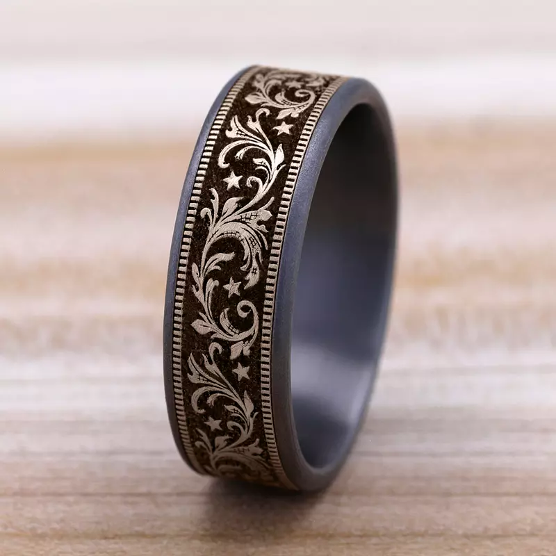 Rose Gold 14k & Tantalum Noir Star Engraved Two-Tone Comfort-Fit Band (7.5mm)