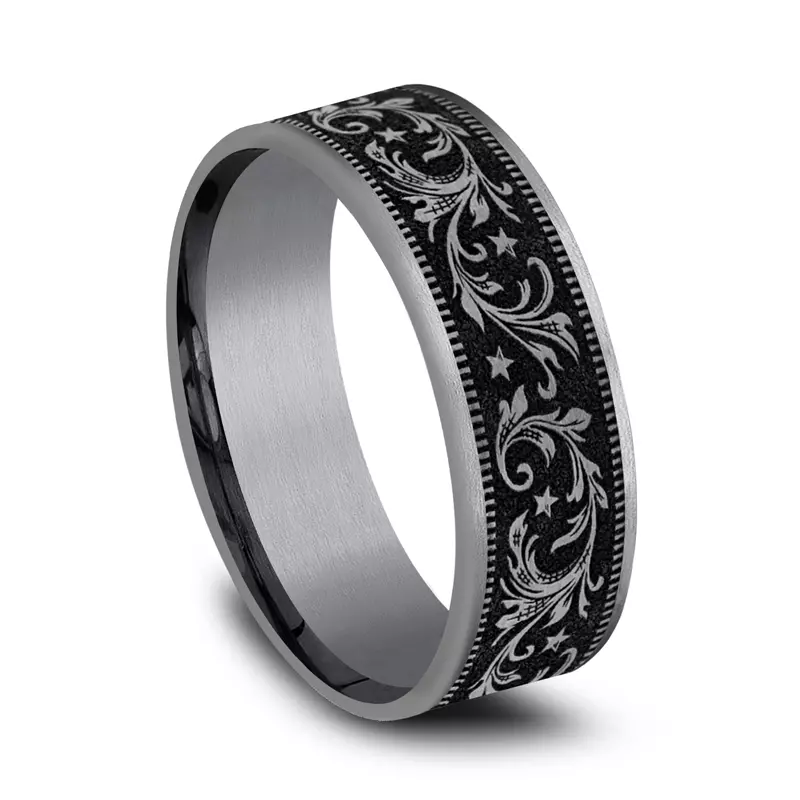 Tantalum Noir Star Engraved Two-Tone Comfort-Fit Band (7.5mm)