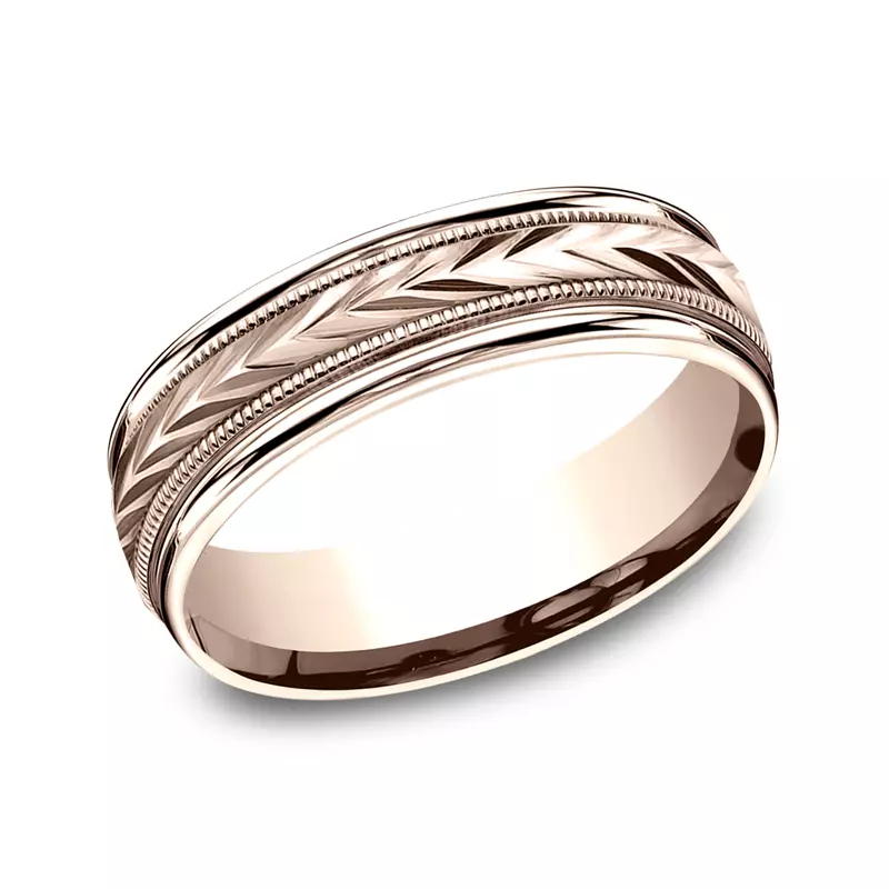 14K Rose Gold Etched Grain Beveled Edge Comfort-Fit Band (6.5mm)