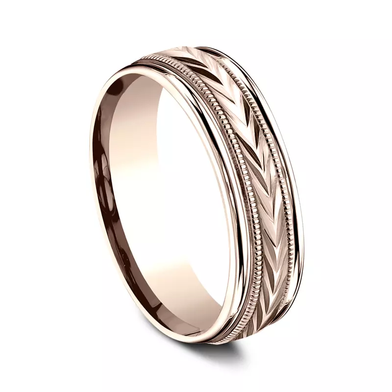 14K Rose Gold Etched Grain Beveled Edge Comfort-Fit Band (6.5mm)