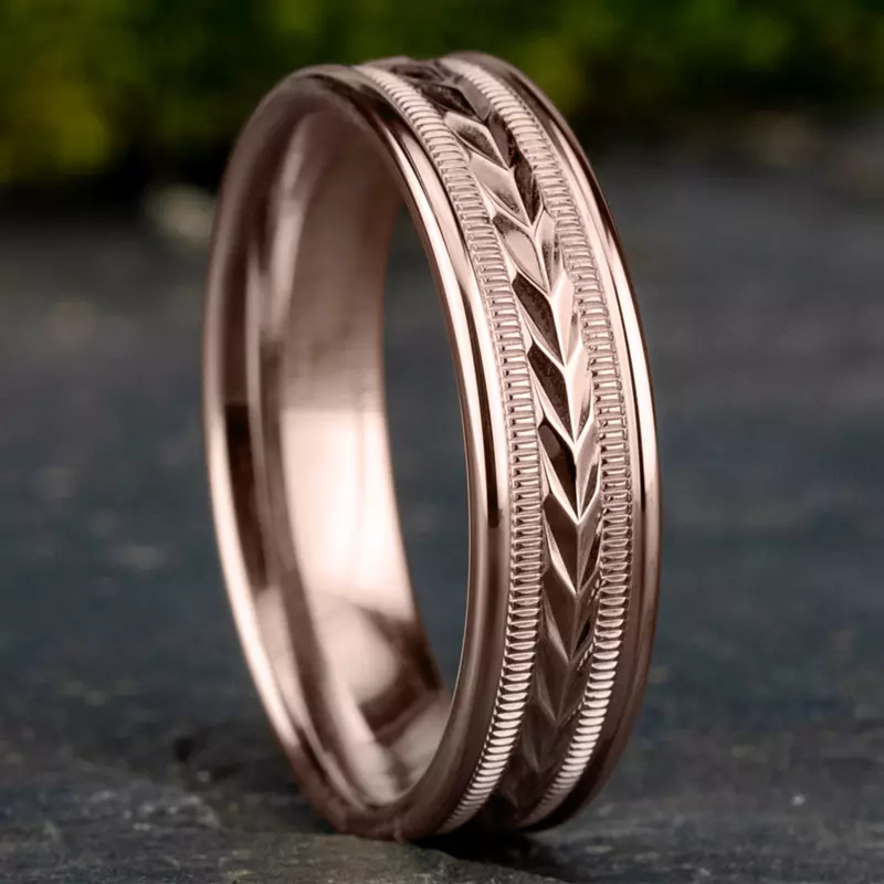 14K Rose Gold Etched Grain Beveled Edge Comfort-Fit Band (6.5mm)