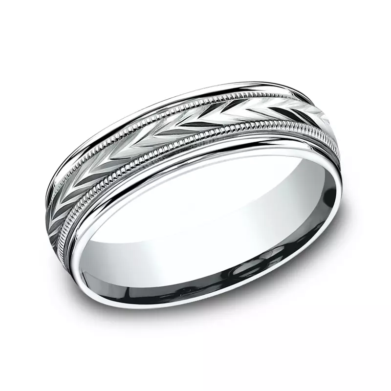 14K White Gold Etched Grain Beveled Edge Comfort-Fit Band (6.5mm)