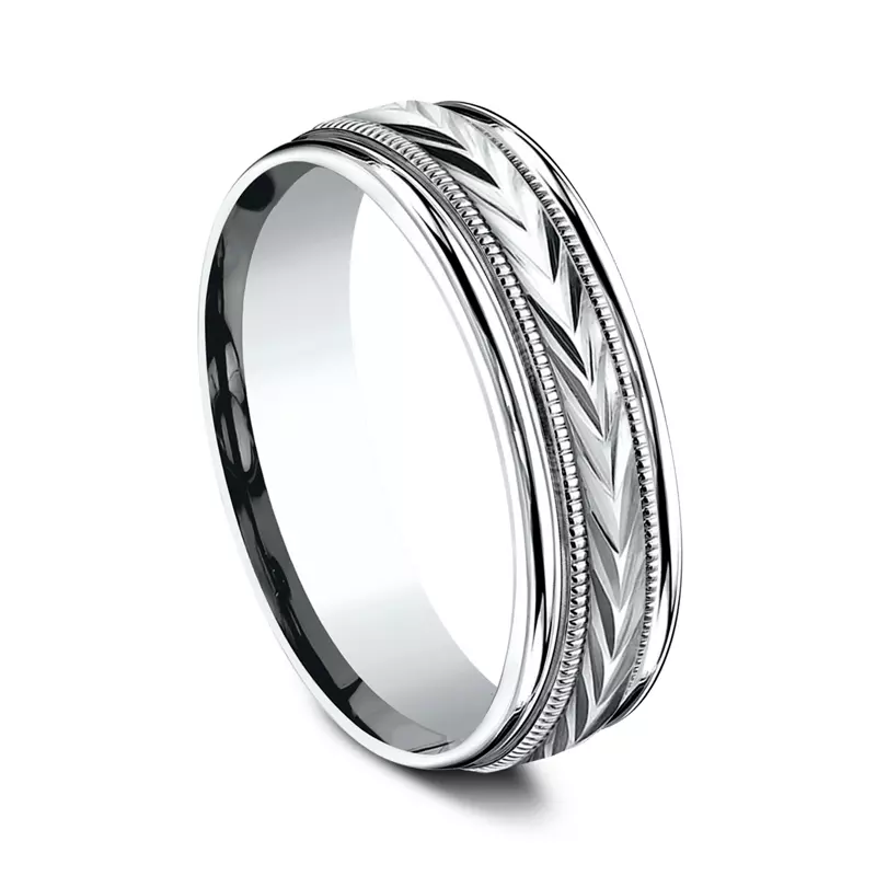 14K White Gold Etched Grain Beveled Edge Comfort-Fit Band (6.5mm)