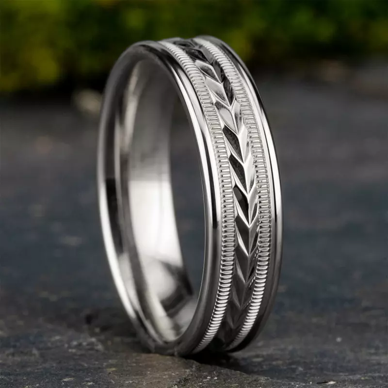 14K White Gold Etched Grain Beveled Edge Comfort-Fit Band (6.5mm)