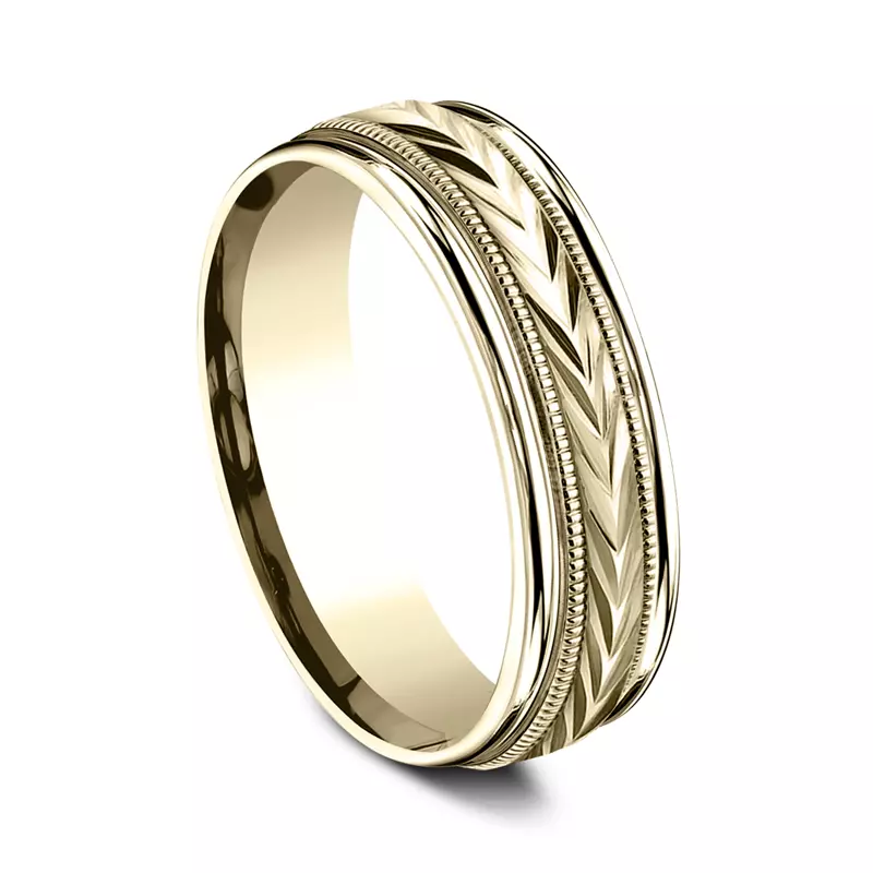 14K Yellow Gold Etched Grain Beveled Edge Comfort-Fit Band (6.5mm)