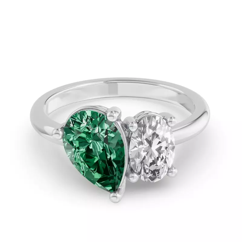 14K White Gold Toi Et Moi Oval Lab Diamond & Pear Emerald Ring (3.00ct tw)