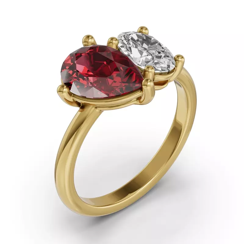14K Yellow Gold Toi Et Moi Oval Lab Diamond & Pear Ruby Ring (3.00ct tw)