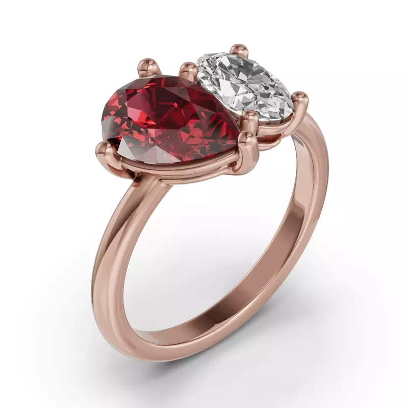 18K Rose Gold Toi Et Moi Oval Lab Diamond & Pear Ruby Ring (3.00ct tw)