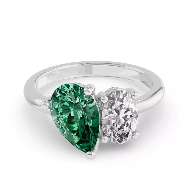 14K White Gold Toi Et Moi Oval Lab Diamond & Pear Emerald Ring (4.00ct tw)