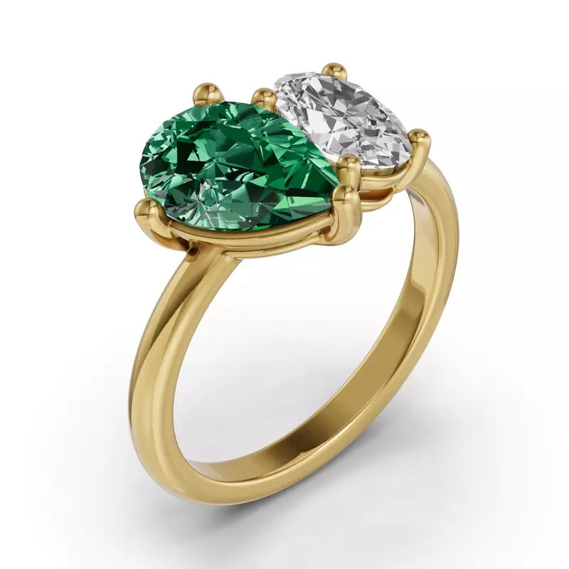 14K Yellow Gold Toi Et Moi Oval Lab Diamond & Pear Emerald Ring (4.00ct tw)