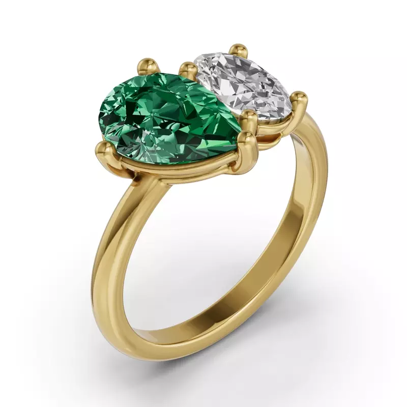 14K Yellow Gold Toi Et Moi Oval Lab Diamond & Pear Emerald Ring (5.00ct tw)