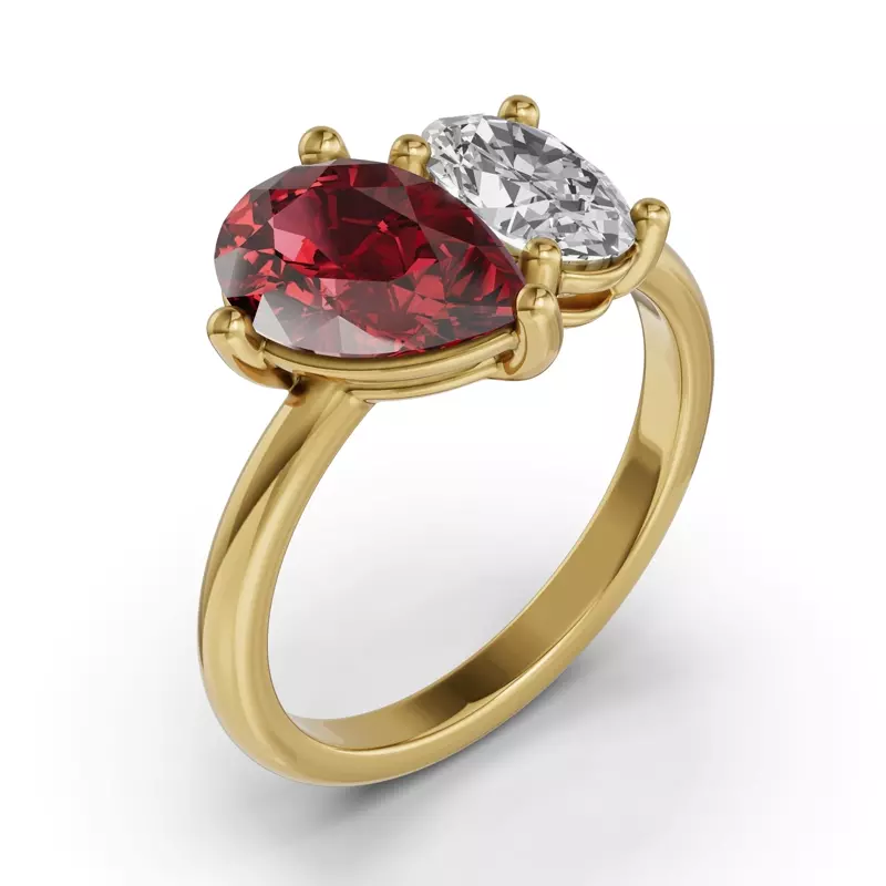 14K Yellow Gold Toi Et Moi Oval Lab Diamond & Pear Ruby Ring (5.00ct tw)