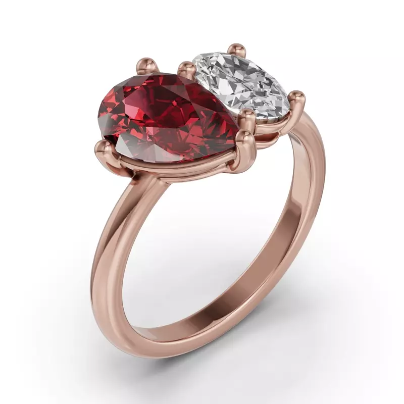 18K Rose Gold Toi Et Moi Oval Lab Diamond & Pear Ruby Ring (5.00ct tw)