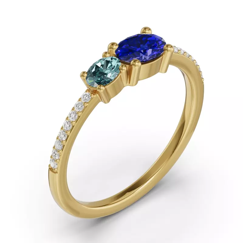 14K Yellow Gold Toi Et Moi Deux Bleu Pavé Ring