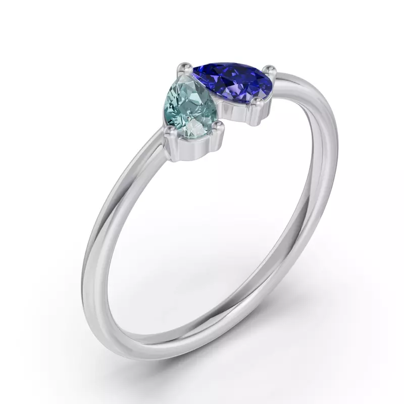 18K White Gold Toi Et Moi Deux Bleu Pear Ring