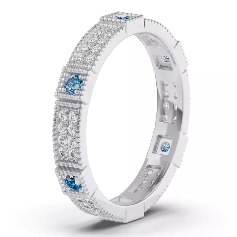 14K White Gold Swiss Blue Topaz & Diamond Milgrain Eternity Band